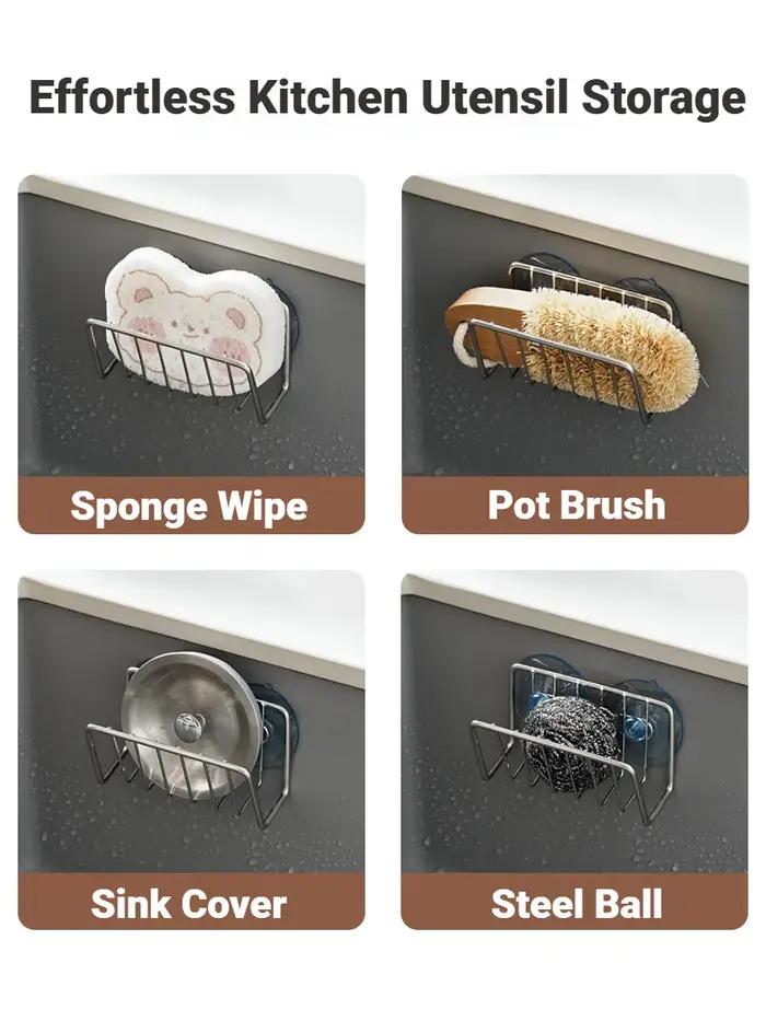Porte-éponge pour évier de cuisine en acier inoxydable caddie à éponge à ventouse organisateur mural durable pour évier et comptoir cuisine moderne