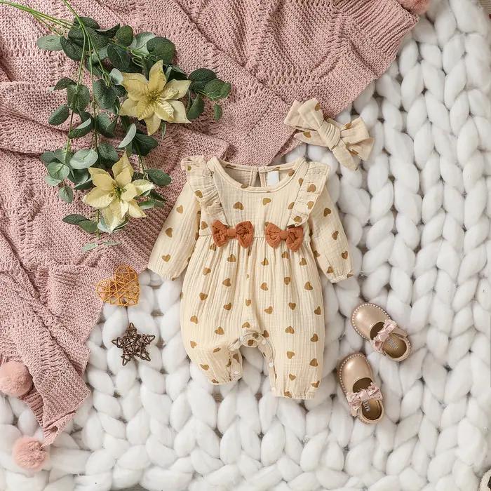 Combinaison à manches longues avec nœud papillon pour bébé fille, combinaison décontractée, amour im