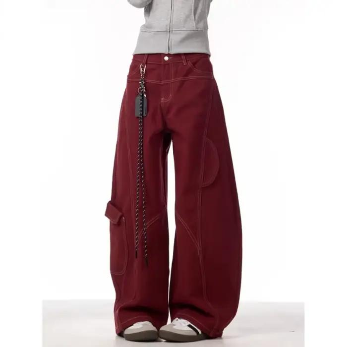 Cargo rouge jean décontracté femmes vêtements de travail pantalon ample droit jambe large pantalon p