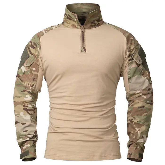 Chemise de Combat à manches longues pour hommes, fermeture éclair 1/4, chemises tactiques en coton R