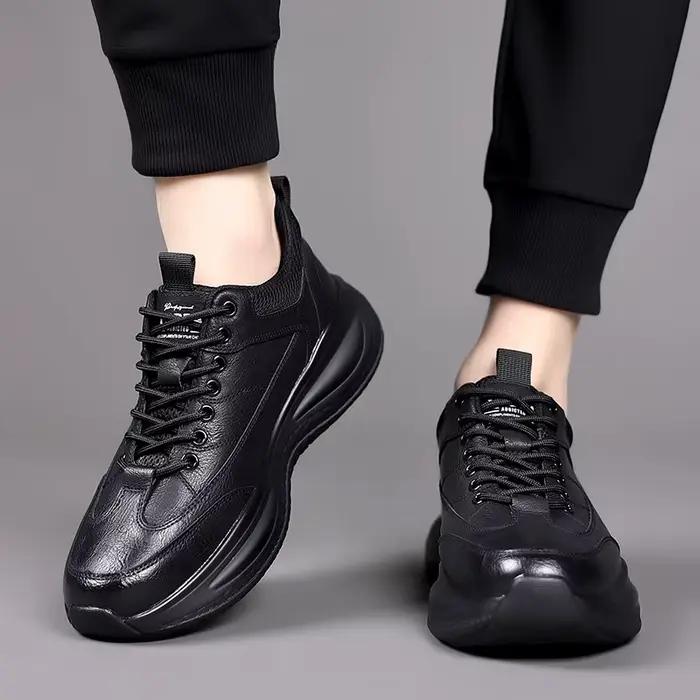Chaussures décontractées en cuir pour hommes, baskets tendance à semelle épaisse, chaussures de marc
