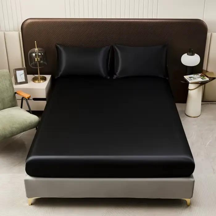 Drap-Juste en Satin Noir de Couleur Unie, Juste de Matelas avec Bande artificiel astique, Taies d'Or