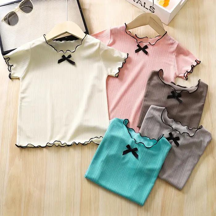 T-shirts d'été à manches courtes en tricot fin avec volants et dentelle pour bébés filles, nouveaux