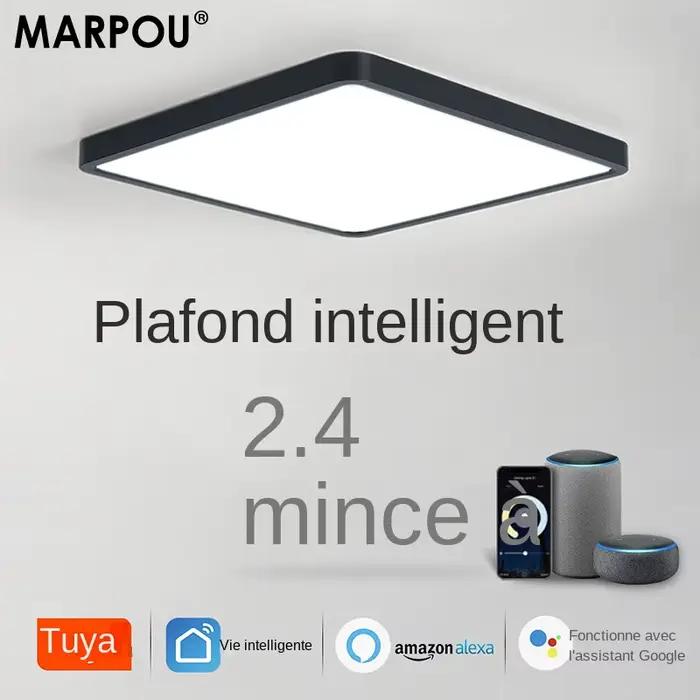 MARPOU Tuya plafonnier LED intelligent Grain de bois App commande vocale Alexa/Google télécommande plafonniers carrés sa