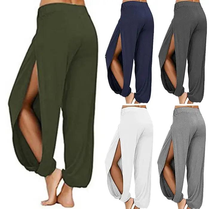 Pantalon Haren d'été à fente haute pour femmes, pantalon de sport, de Yoga, couleur unie, ample, Hip