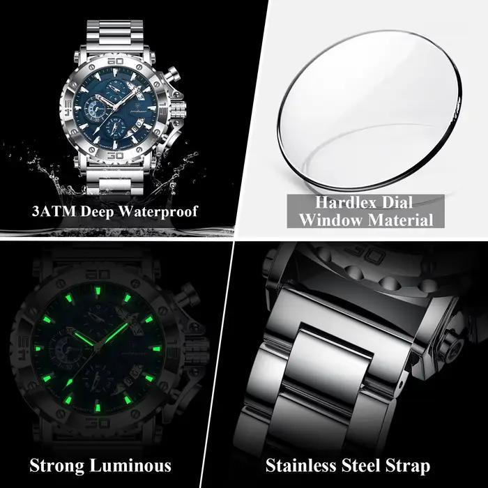 POEDAGAR montre pour hommes de luxe calendrier lumineux étanche homme horloge chronographe en acier