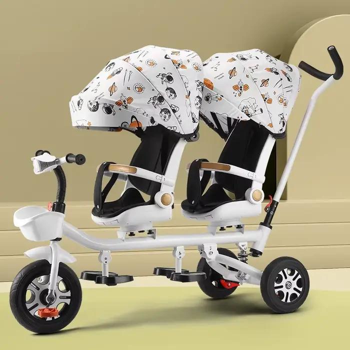 Tricycle pour enfants, poussette double, vélo à double siège avec siège inclinable, double direction