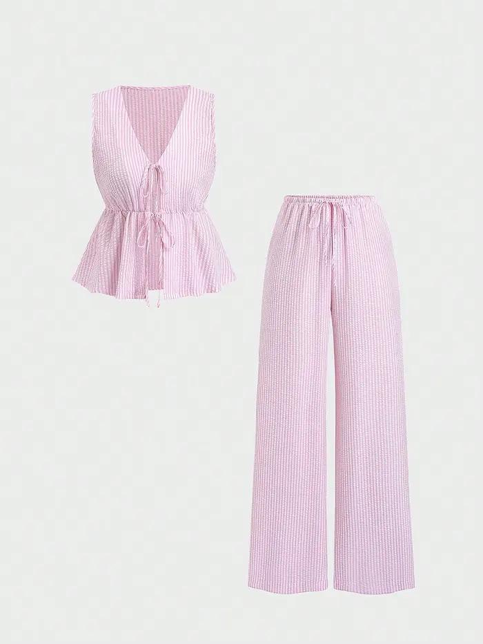 Ensemble deux pièces été 2026 pour femme : Blouse rayée sans manches à col en V et lacets, pantalon