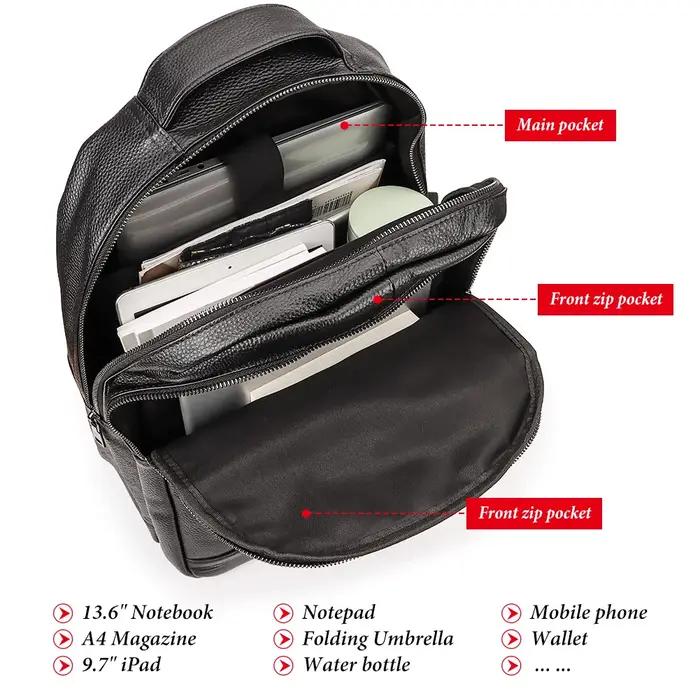 Sac à dos de voyage noir pour hommes, en cuir véritable, pour ordinateur portable, grande capacité,