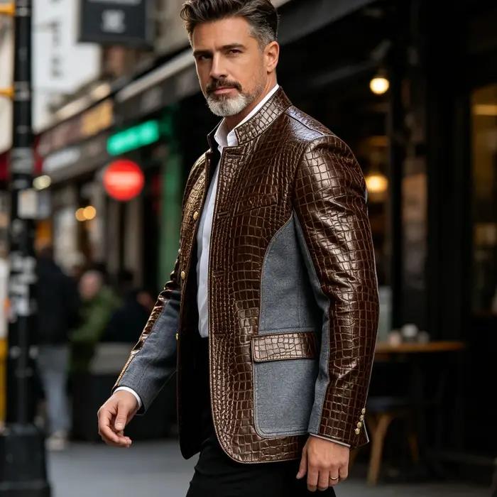 Blazer en cuir PU de luxe marron pour homme, effet croco, patchwork denim, col montant, coupe ajusté
