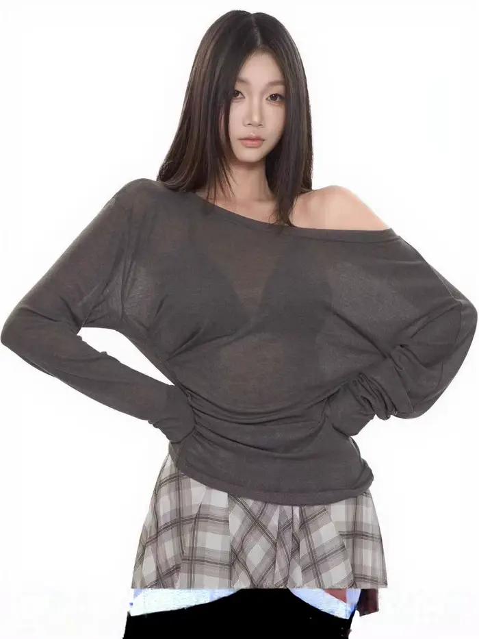 Sexy mince voir à travers à manches longues surdimensionné t-shirt femmes pansement hors épaule haut
