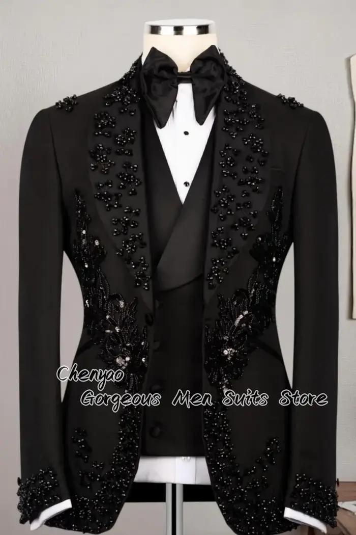 Costumes pour hommes de luxe ornés de strass et de perles, ensembles 3 pièces, sur mesure, pour mari