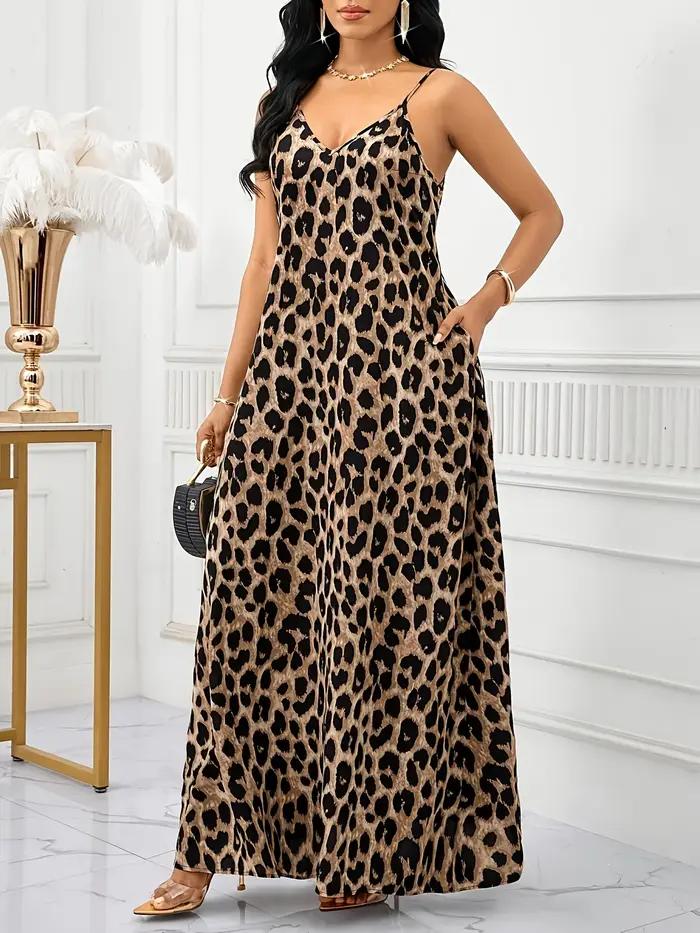 Robe à bretelles fines imprimé léopard pour femme, robe bohème dos nu pour femme, robe ample sans br