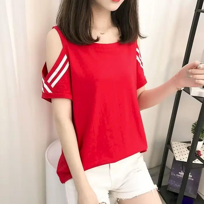 T-shirt ample à manches courtes pour femme, haut estival et fin, surdimensionné, à épaules dénudées,