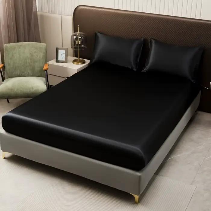 Drap-Juste en Satin Noir de Couleur Unie, Juste de Matelas avec Bande artificiel astique, Taies d'Or