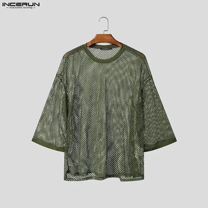 INCERUN T-shirt Homme Uni en Maille Transparente Sexy Oversize Vêtements Streetwear 2026 Manches 3/4