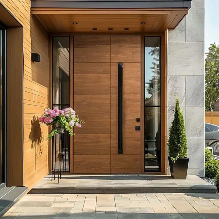Porte d'entrée en grain de bois en alliage d'aluminium pivotante avant personnalisée pour entrée élégante et sûre occasions spéciales-decoration-maison