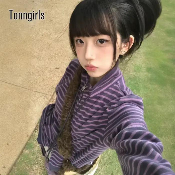 Tonngirls Y2k sweats japonais femmes à manches longues rayé col montant sweat haute rue graphique ma