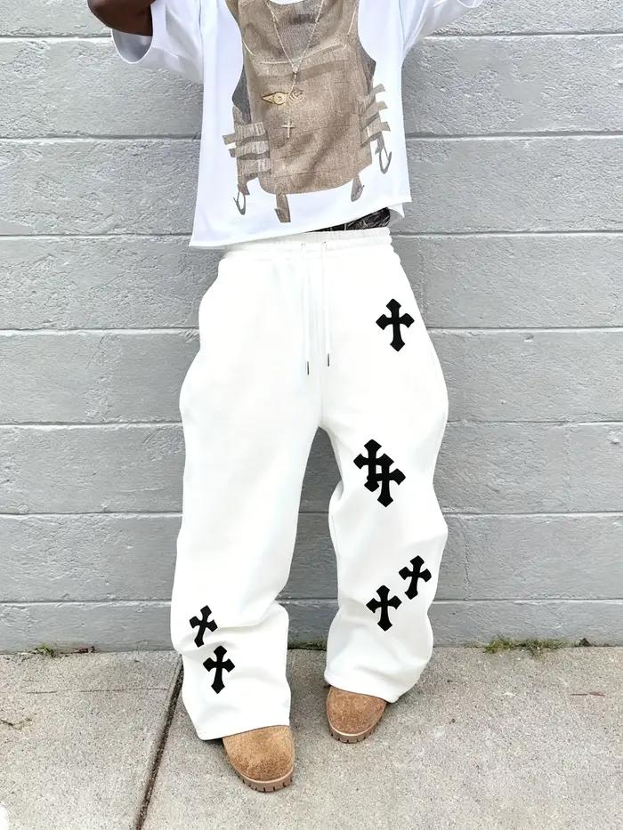 2025 Pantalon à jambes larges noir pour hommes à la mode Grande croix blanche imprimée Pantalon hip-