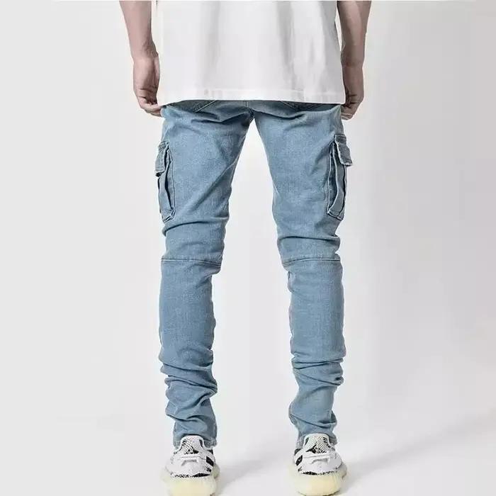 Jeans en denim élastique pour hommes, pantalon cargo multi-poches, coupe slim décontractée, jogging