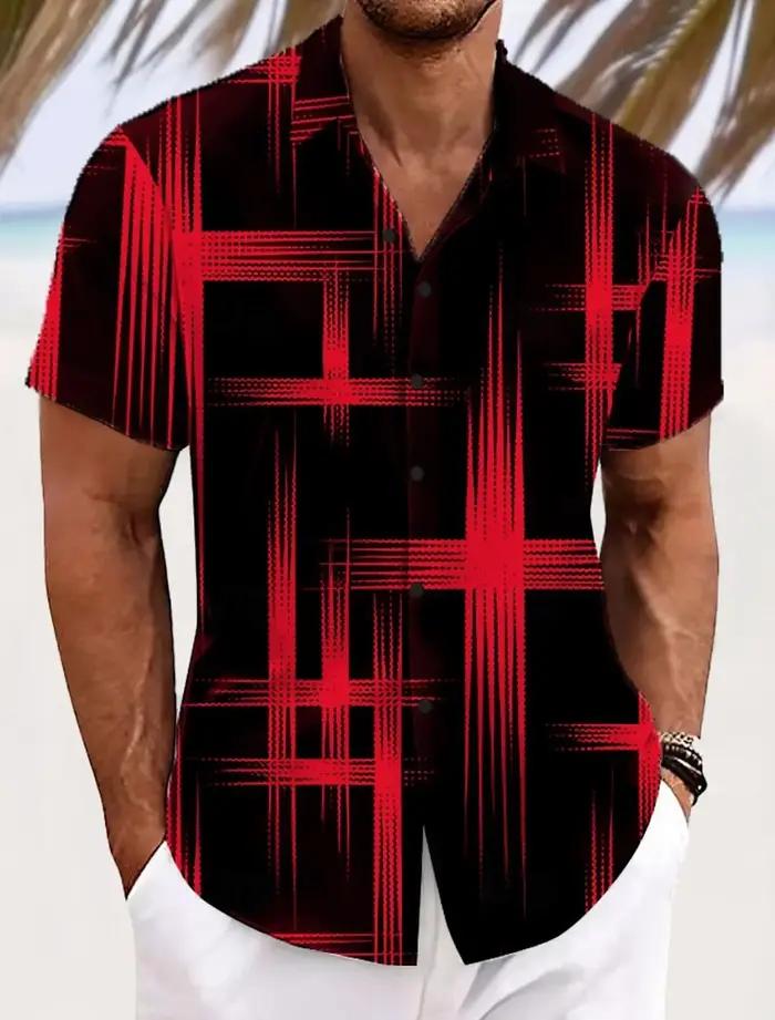 Chemise à carreaux à grille géométrique pour hommes, couleur dégradée, boutonnée, manches courtes, m