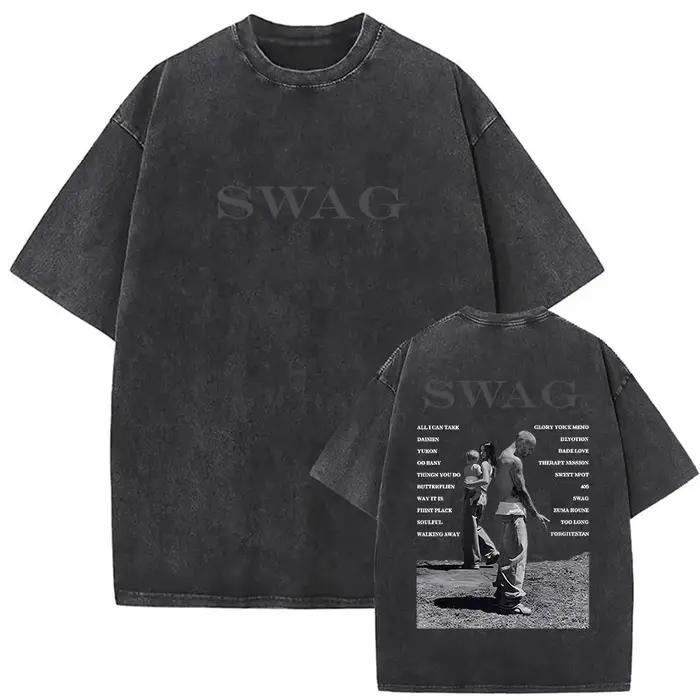 T-shirts vintage délavés Justin Bieber SWAG Album 2026 pour hommes, style streetwear hip-hop, manche