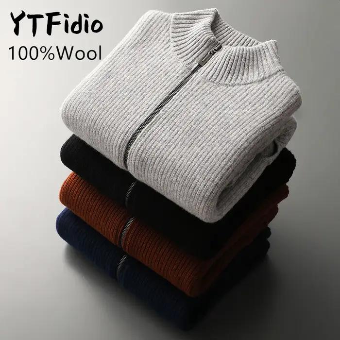 YTFidio-Pull à col mi-haut pour homme, 100% laine, pull à fermeture éclair avec poche, cardigan épai