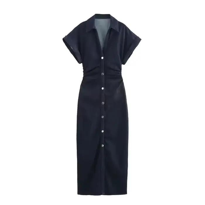 Printemps nouvelle série 1975 denim robe MIDI avec revers côté fermeture éclair mode rides taille mi