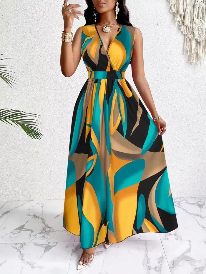 Robe femme sans manches, col en V, longueur au sol, avec imprimés abstraits, à la mode pour la plage