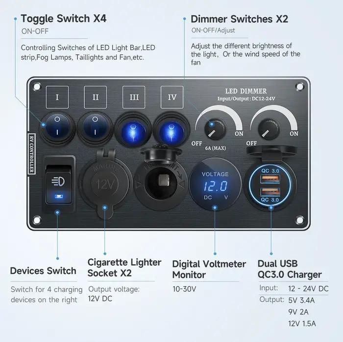 Interrupteur à bascule multifonctions, panneau en aluminium, variateur LED 12V 24V pour RV, double P