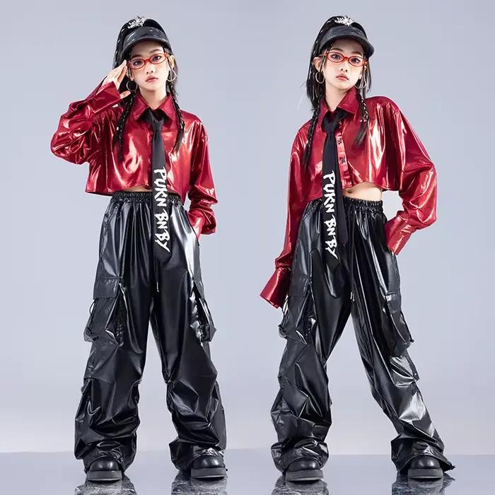 Haut court rouge à manches longues, pantalon en cuir, Costume de danse Jazz, vêtements pour filles,