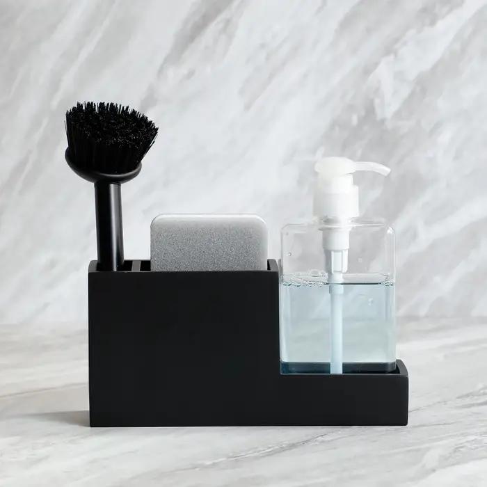 Porte-éponge et rangement d'accessoires de cuisine organisateur d'éponge avec porte-brosse et distributeur de savon pour une évier propre et ordonné