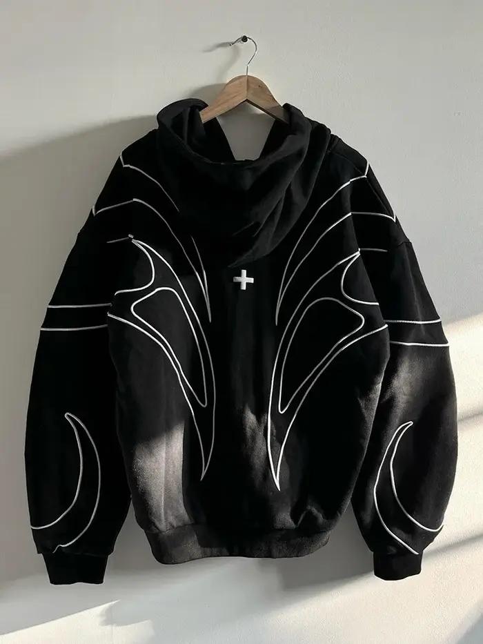 Rue rétro mode vêtements rayé brodé noir Double fermeture éclair à capuche américain Hip-hop Punk su