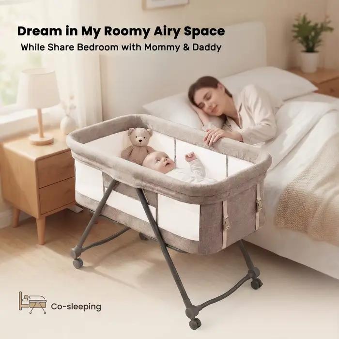Lit de voyage convertible 4-en-1 pour bébé – Berceau à bascule avec roues silencieuses, design pliab