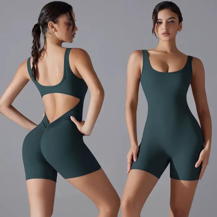 Nouveau V dos Scrunch sport combinaison femmes barboteuses de gymnastique sans manches vêtements de
