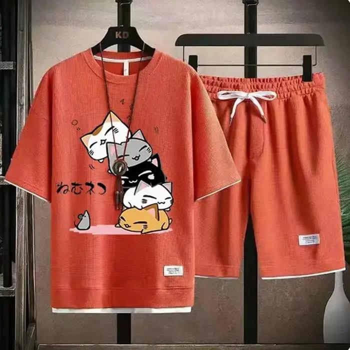 Ensemble gaufré d'été pour hommes, marque à la mode, t-shirt et short décontractés, ensemble de spor