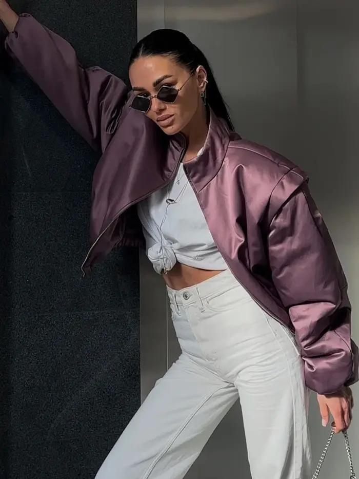 Nouvelle veste bomber en satin SLTNX pour femme, mauve, à manches bouffantes, courte, zippée, décont