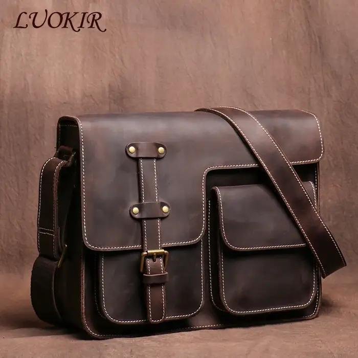 LUOKIR véritable haute qualité Crazy Horse peau de vache épaule sac à bandoulière hommes en cuir de