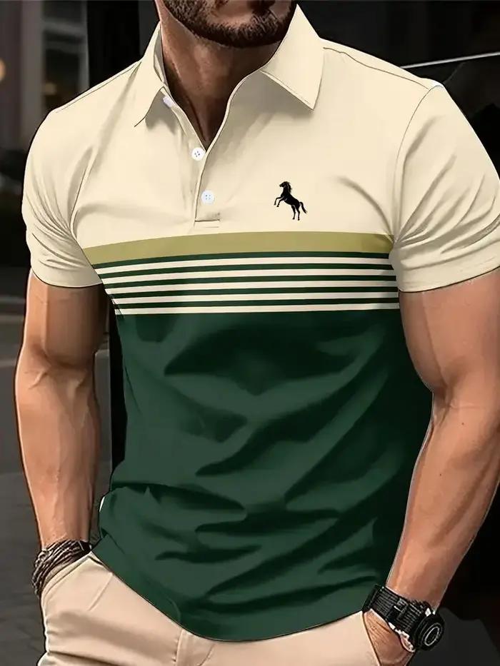 Polo décontracté à manches courtes pour hommes, avec imprimé cheval 3D, rayé, Design bloc de couleur