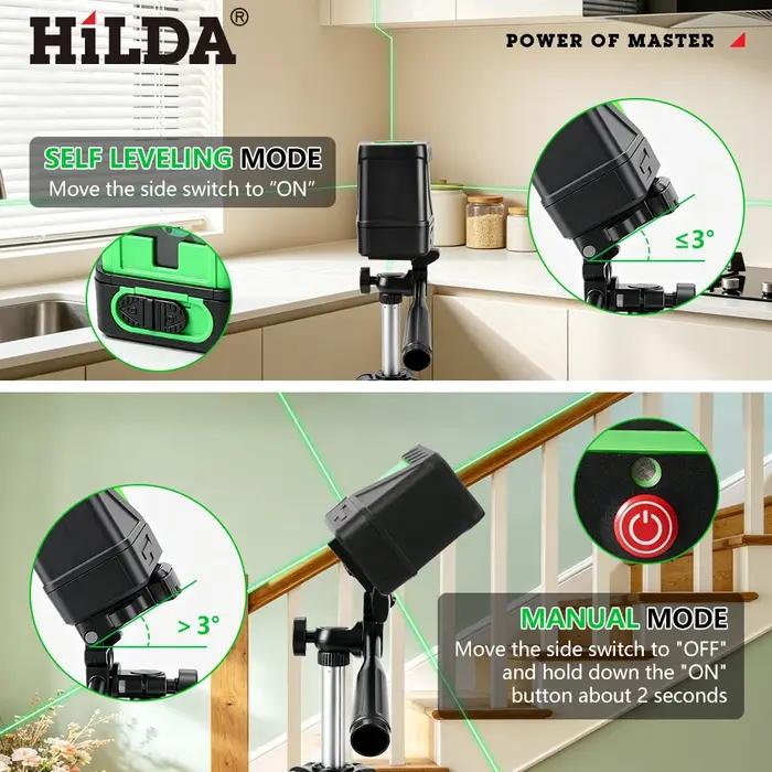 HILDA 2 Lignes Niveau Laser Auto Nivellement Vert Poutres