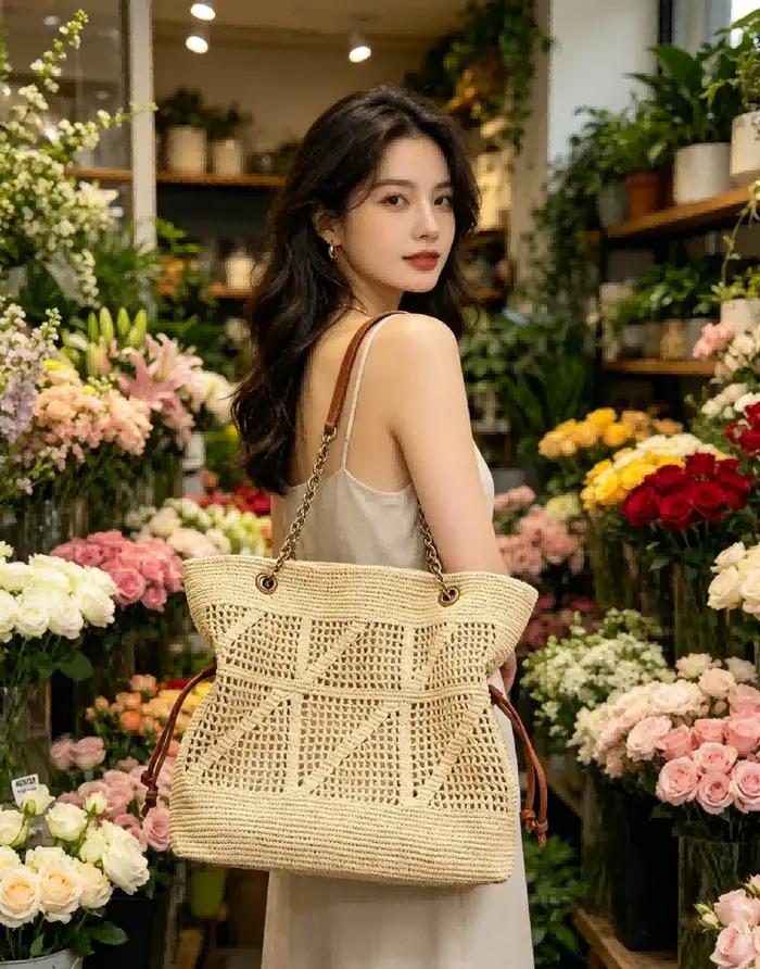 Sac fourre-tout tissé beige bohème pour femme, sac à bandoulière décontracté avec cordon de serrage