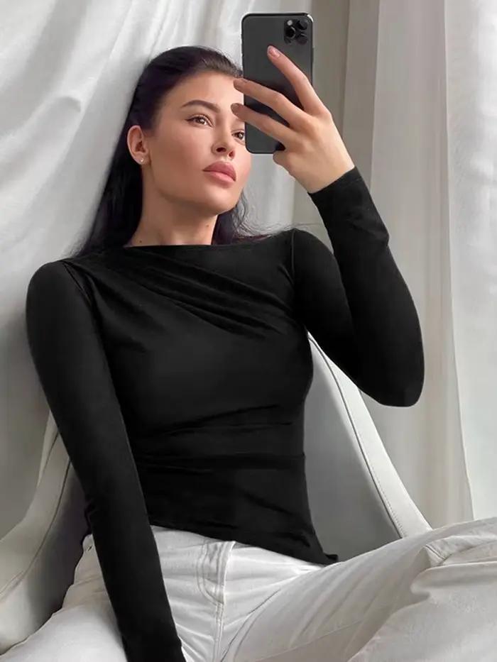 Haut à manches longues blanc T-Shirts femmes basique haut court automne Pollover solide col incliné