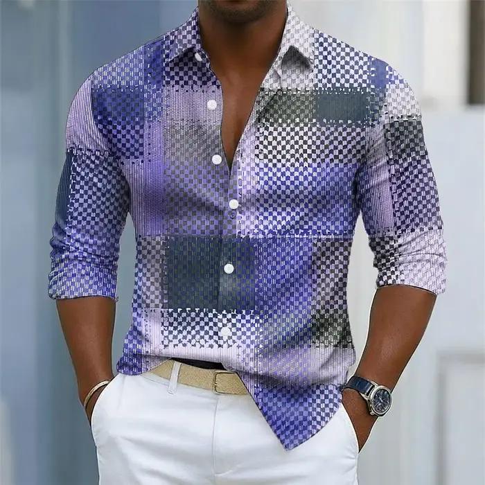 Chemise à carreaux pour hommes, bloc de couleur géométrique, motifs à carreaux, chemise boutonnée, m