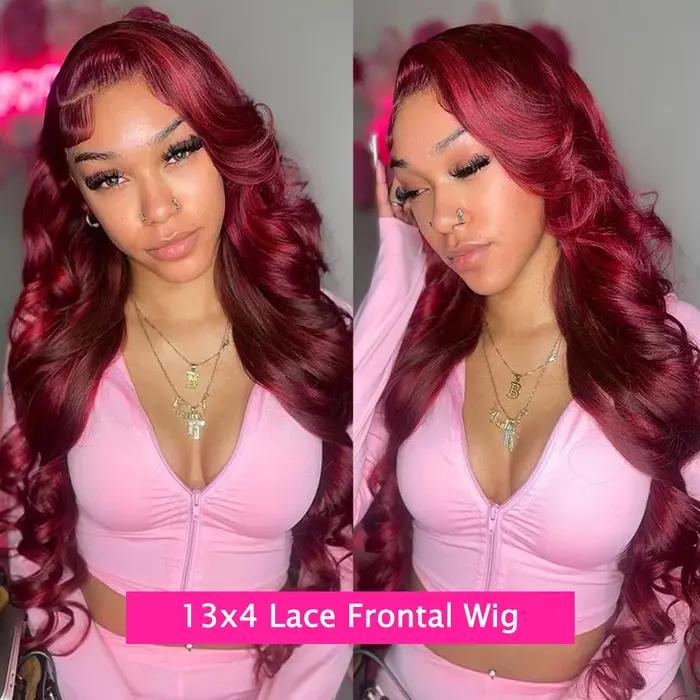 Perruque Body Wave Lace Front Wig Naturelle, Cheveux Humains, Couleur Rouge Bordeaux 99J, Transparen