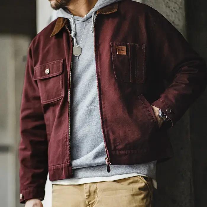 Maden-Veste en toile épaisse rétro pour homme, veste zippée courte avec poches, col en velours côtel