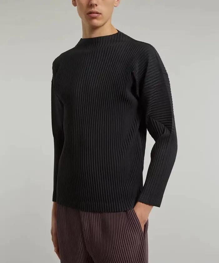 Miyake plissé homme manches longues T-Shirt mode classique noir haut à col roulé