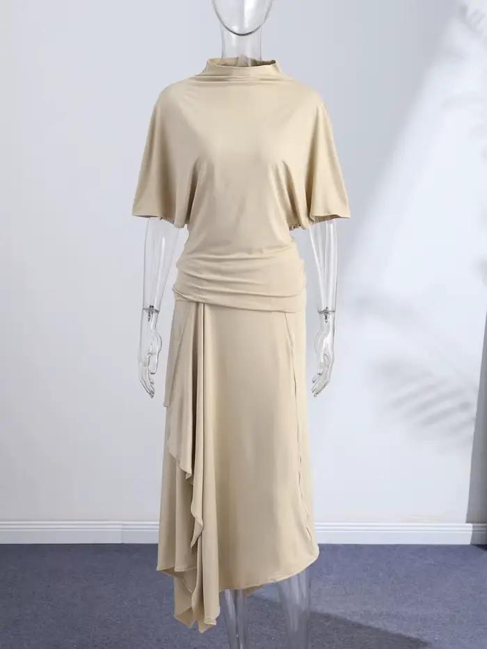 Ensemble élégant chemise asymétrique et jupe pour femme – Chemises unies à manches courtes et col ro