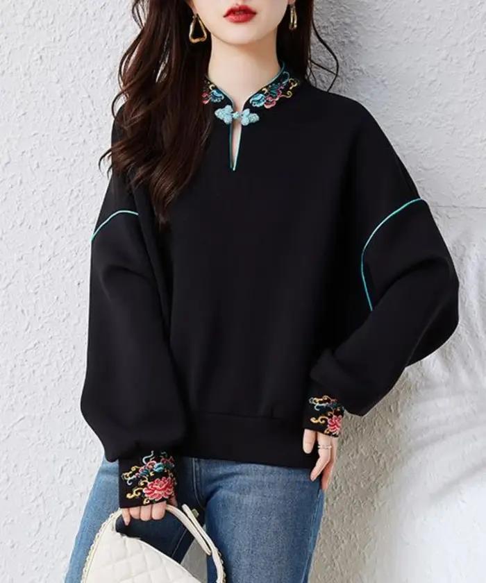Sweat-shirt à capuche de style chinois pour femme, pull à la mode, décontracté, printemps-automne
