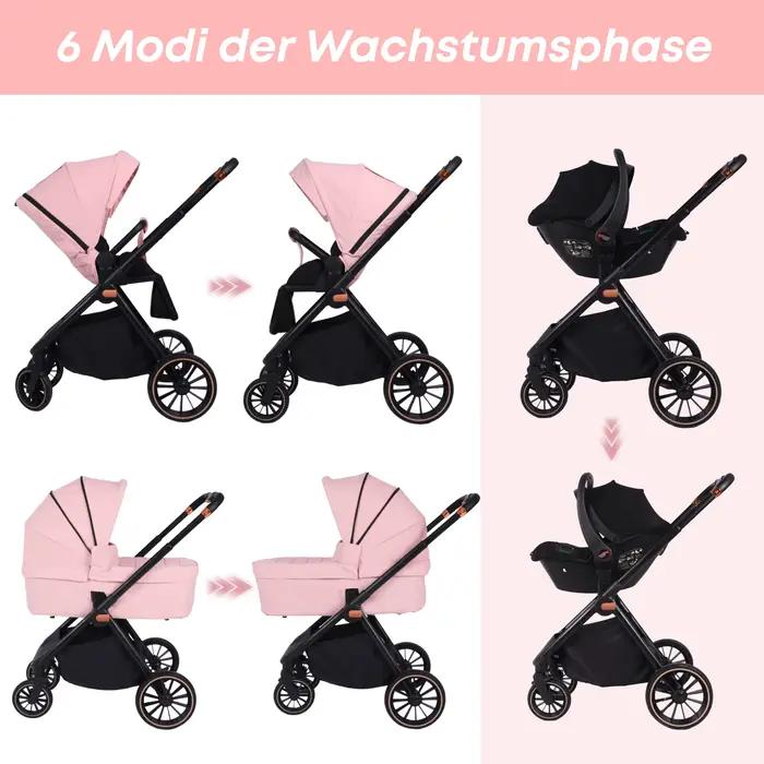 Poussette bébé 4 en 1 avec siège auto pour bébé et base ISOFIX, poussette réversible multifonctionne