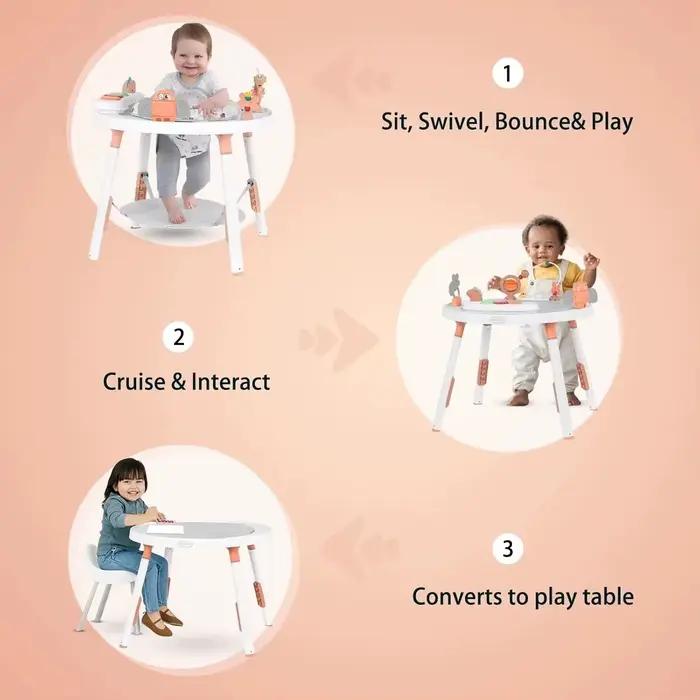 Centre d'activités et table sauteuse 3-en-1 pour bébé avec rotation à 360° ° Siège rotatif et joue